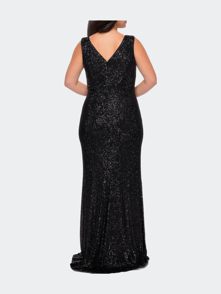 Long Sequin Plus Size Gown with V-Neck
