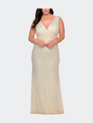 Long Sequin Plus Size Gown with V-Neck - Champagne