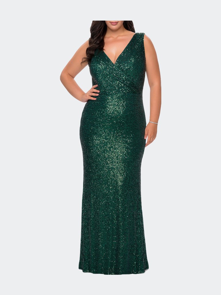 Long Sequin Plus Size Gown with V-Neck - Dark Emerald