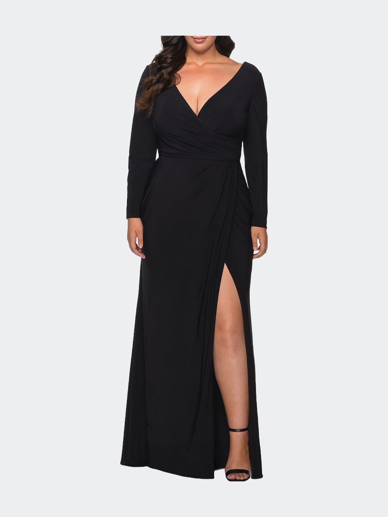 Long Sleeve Curvy Prom Dress With Ruching - Black