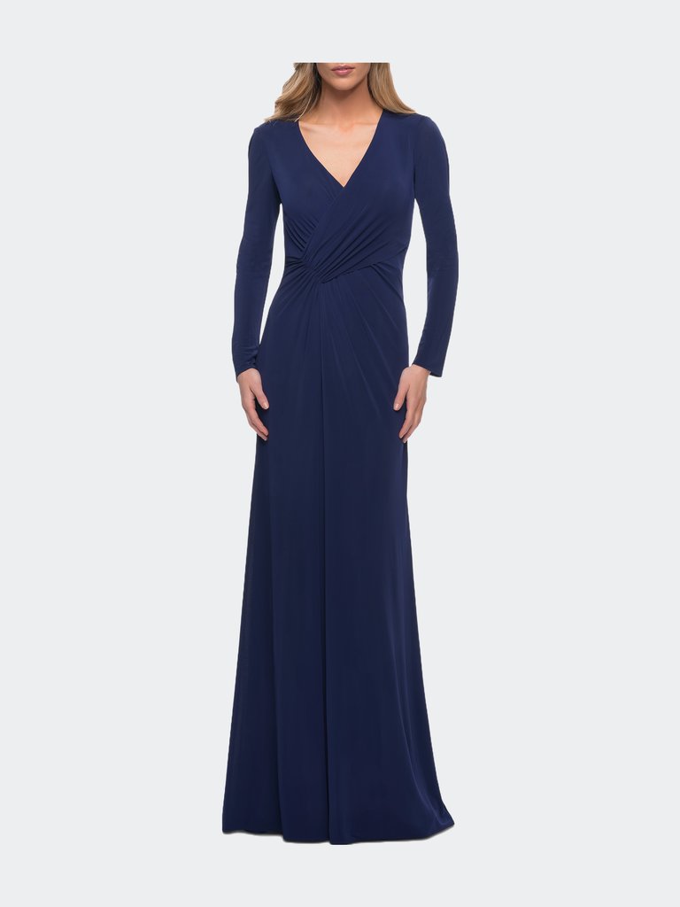 Long Sleeve Jersey Dress with Criss-Criss Front Ruching - Navy