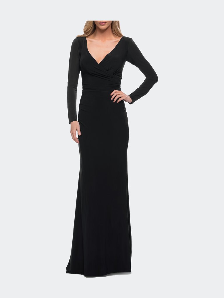 Long Sleeve Jersey Evening Dress With Ruching - Black