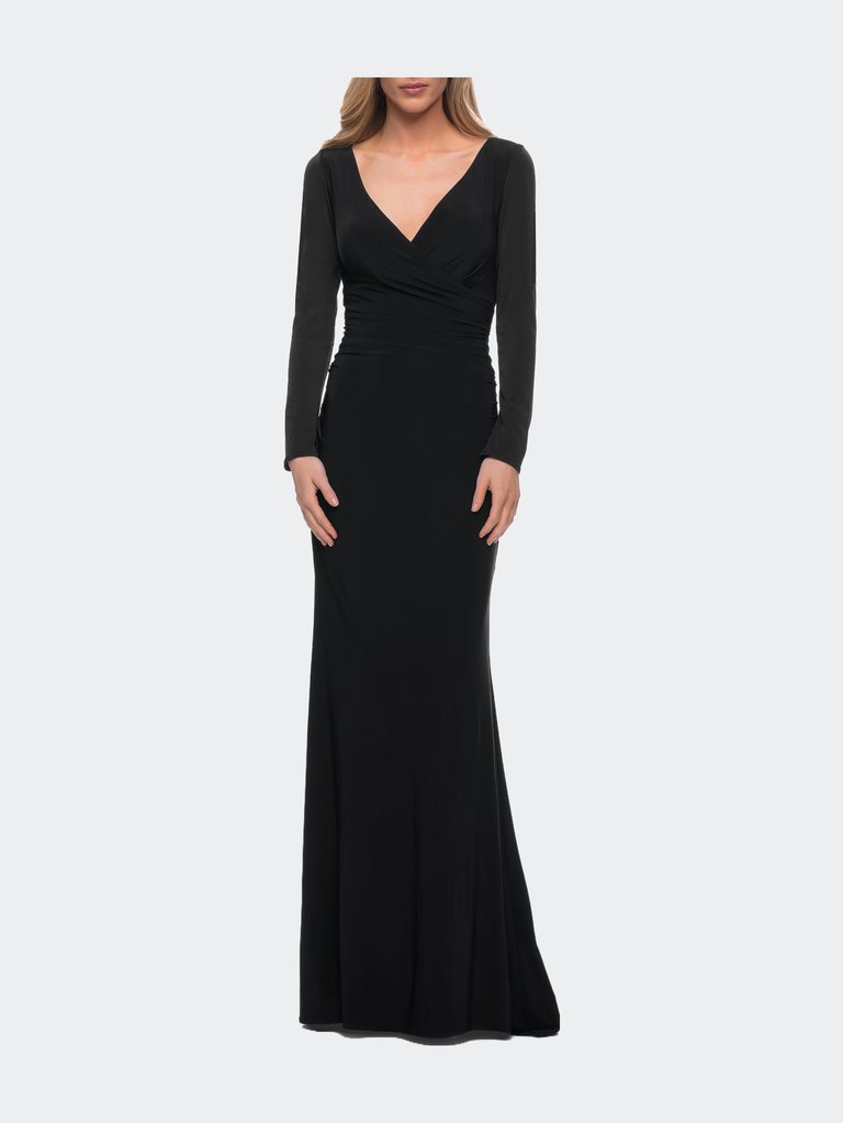 Long Sleeve Jersey Evening Dress With Ruching