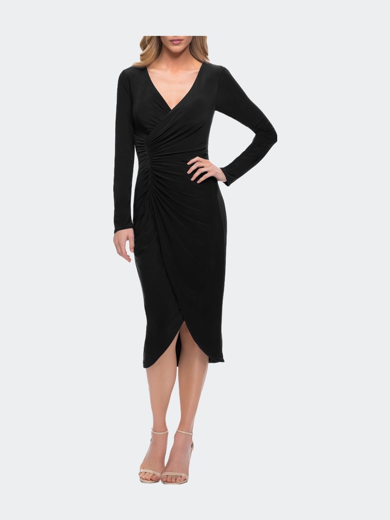 Long Sleeve Knee Length Dress with Wrap Style Skirt - Black