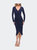 Long Sleeve Knee Length Dress with Wrap Style Skirt - Navy