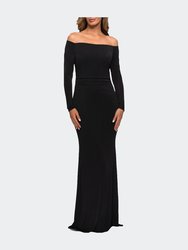 Long Sleeve Off The Shoulder Jersey Evening Gown - Black