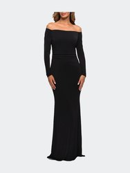 Long Sleeve Off The Shoulder Jersey Evening Gown - Black