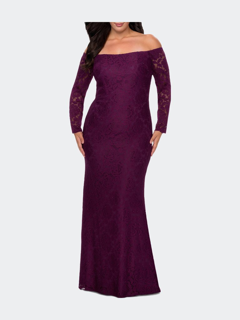 Long Sleeve Off The Shoulder Lace Plus Size Dress - Dark Berry