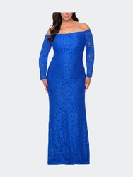 Long Sleeve Off The Shoulder Lace Plus Size Dress - Royal Blue