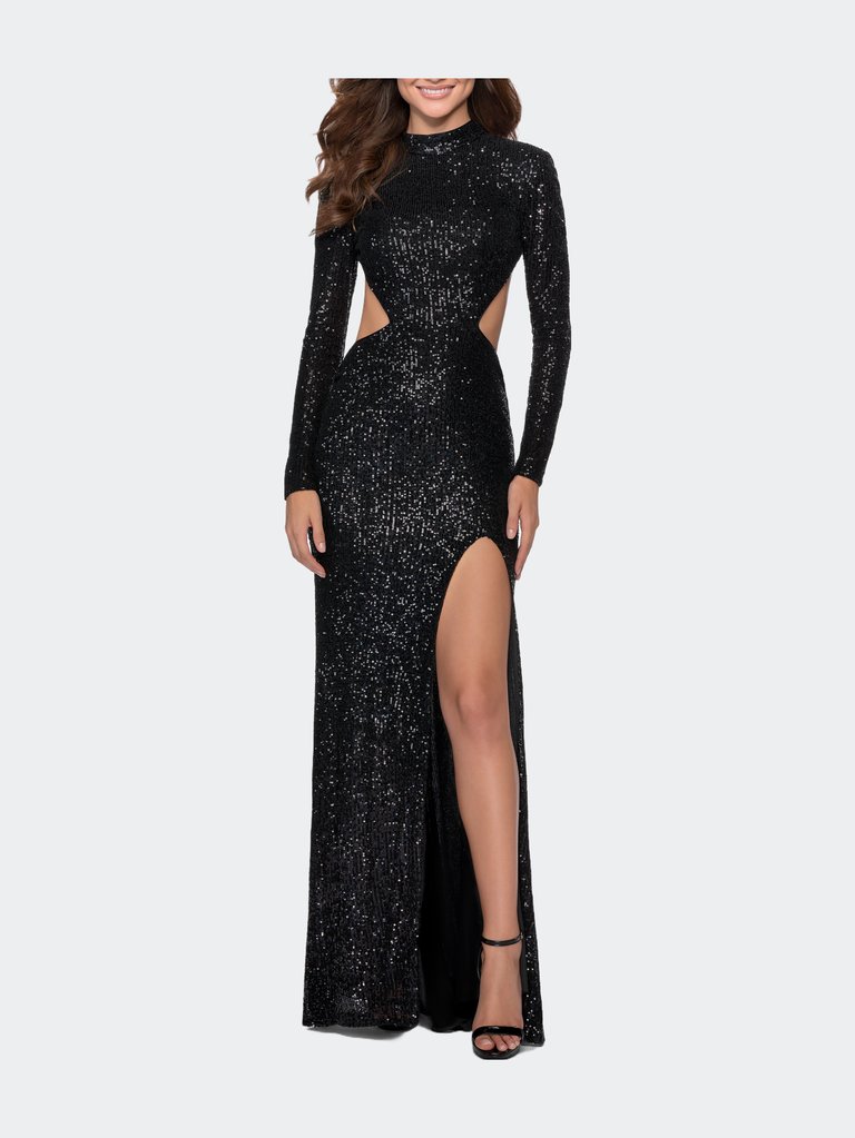 Long Sleeve Sequin Dress with Open Back - Black