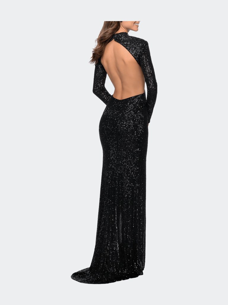 Long Sleeve Sequin Dress with Open Back