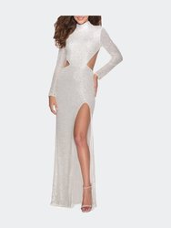 Long Sleeve Sequin Dress with Open Back - White