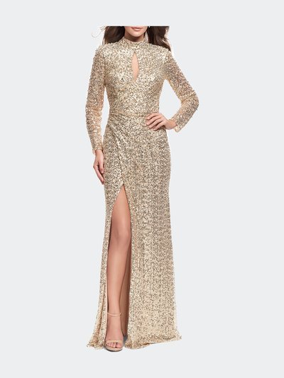 La Femme Long Sleeve Sequin High Neck Prom Dress With Slit product
