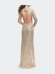 Long Sleeve Sequin High Neck Prom Dress With Slit