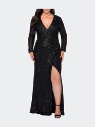 Long Sleeve Sequin Plus Size Dress with Slit - Black