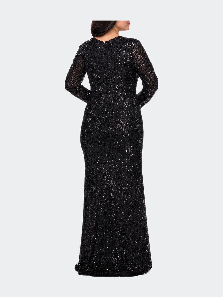 Long Sleeve Sequin Plus Size Dress with Slit