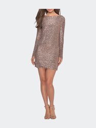 Long Sleeve Sequined Shift Homecoming Dress - Rose Gold