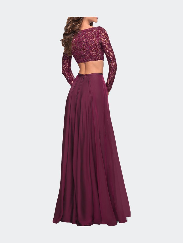 Long Sleeve Two Piece Gown With Sheer Neckline