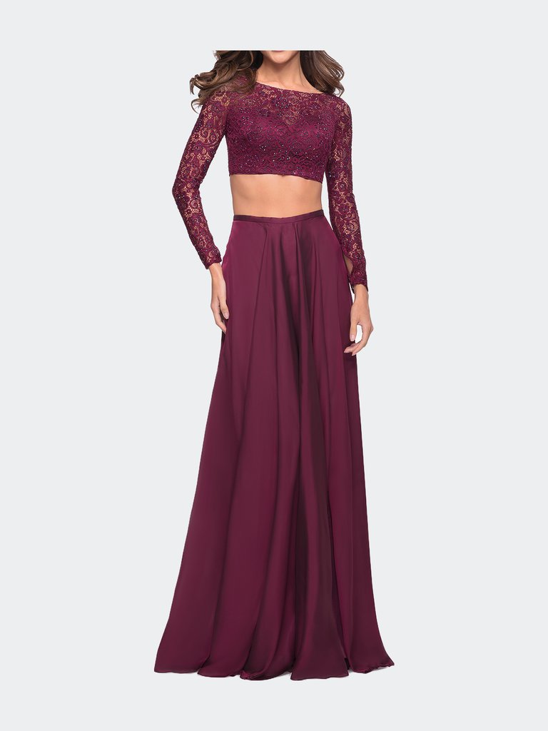 Long Sleeve Two Piece Gown With Sheer Neckline - Garnet