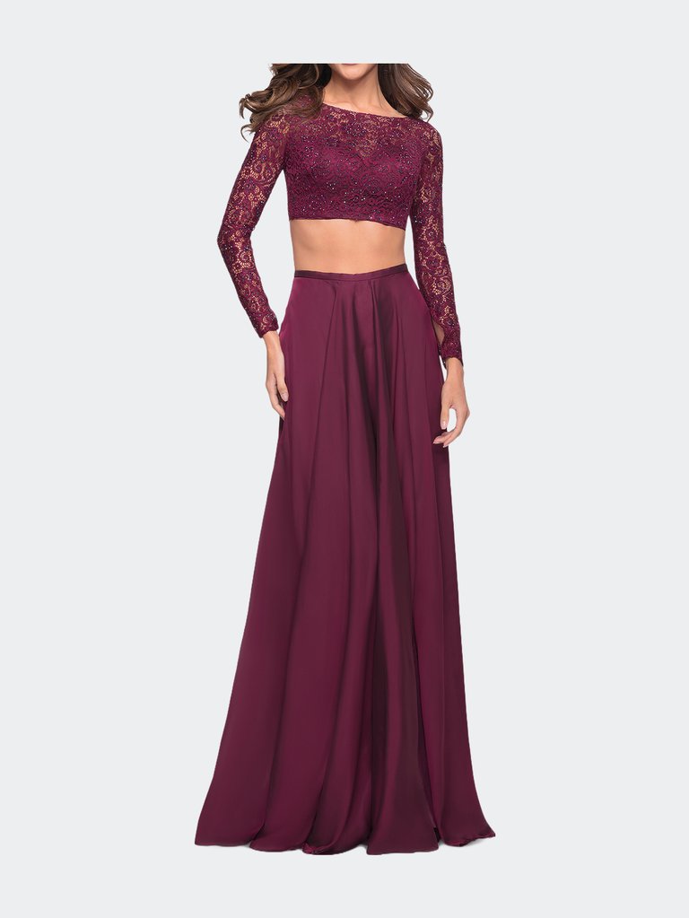 Long Sleeve Two Piece Gown With Sheer Neckline - Garnet