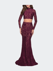 Long Sleeve Two Piece Lace Dress with Open Back - Garnet