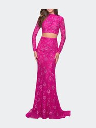 Long Sleeve Two Piece Lace Dress with Open Back - Fuchsia