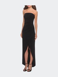 Long Strapless Jersey Dress With Side Ruching - Black