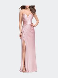 Long Strapless Satin Prom Dress With Side Ruching - Blush