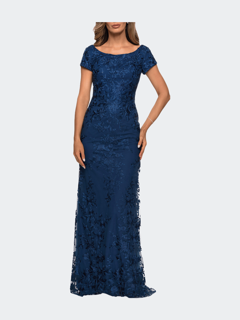 Long Three Quarter Sleeve Floral Lace Evening Gown - Navy