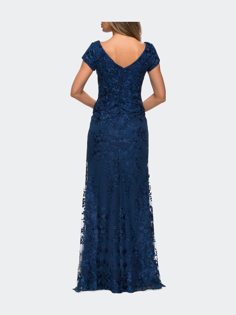 Long Three Quarter Sleeve Floral Lace Evening Gown