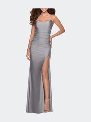 Long Tie Up Back Jersey Prom Dress With Slit - Silver
