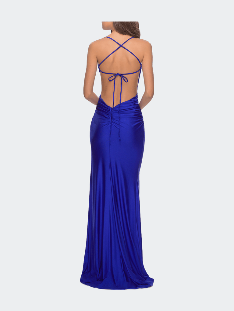 Long Tie Up Back Jersey Prom Dress With Slit