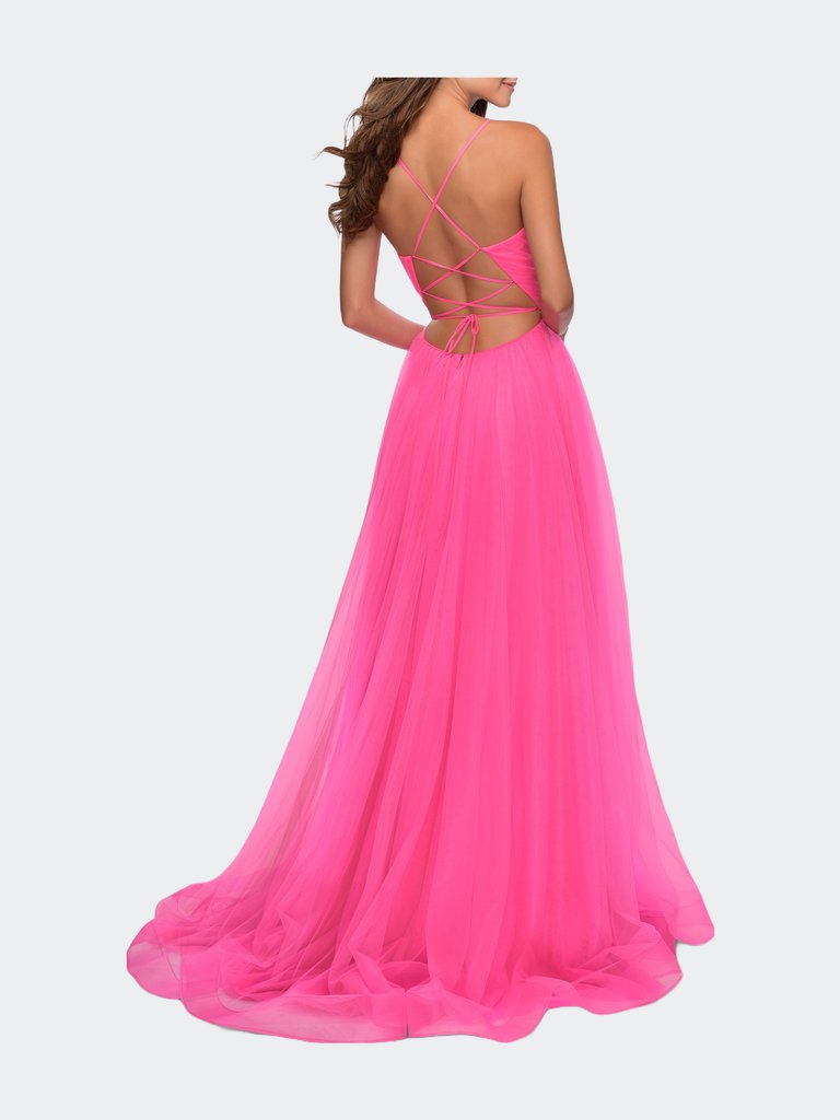 Long Tulle A-line Gown with Side Slit and Pockets