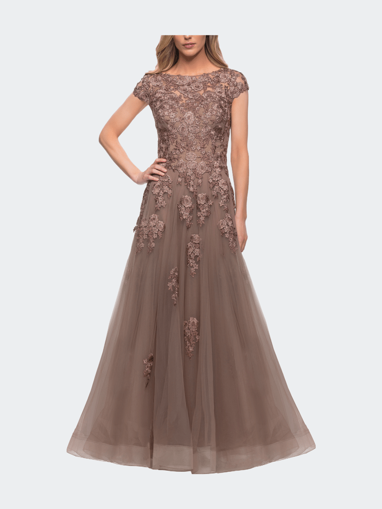 Long Tulle Gown with Intricate Lace Detailing - Cocoa