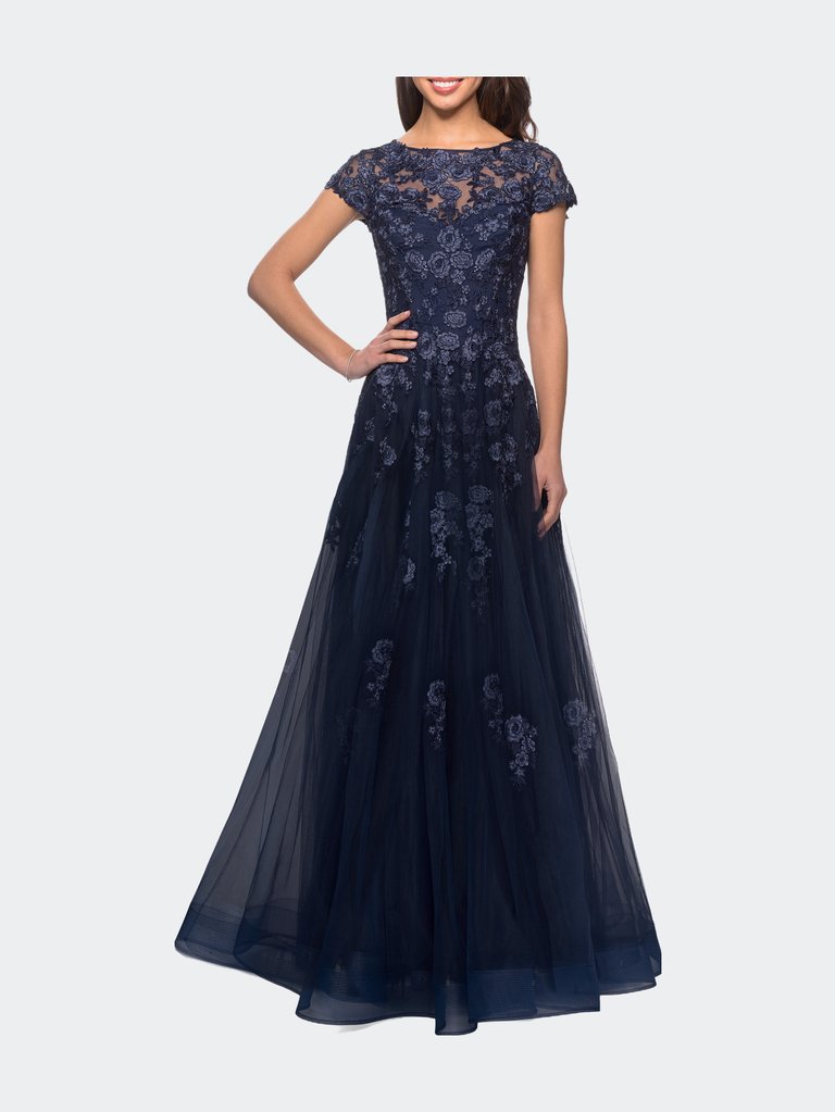 Long Tulle Gown with Intricate Lace Detailing - Navy