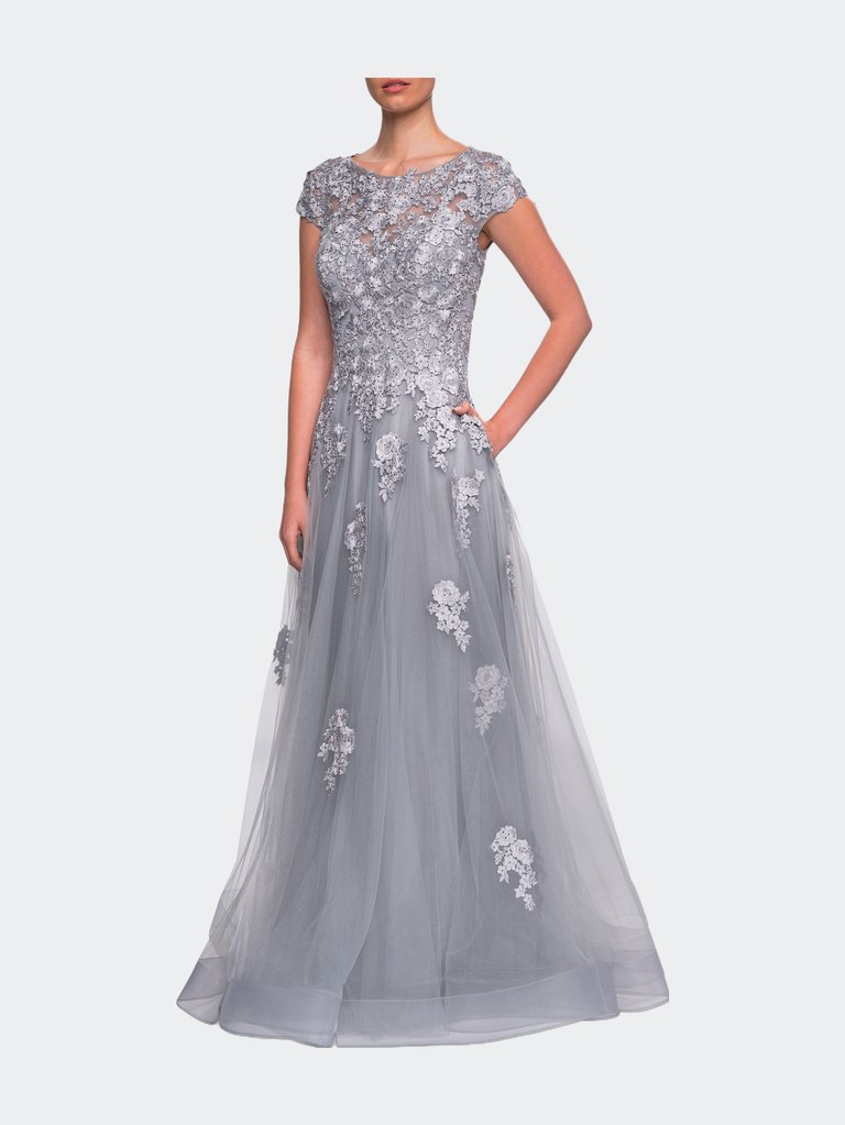Long Tulle Gown with Intricate Lace Detailing - Silver