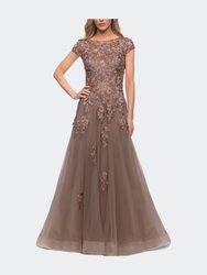 Long Tulle Gown with Intricate Lace Detailing - Cocoa