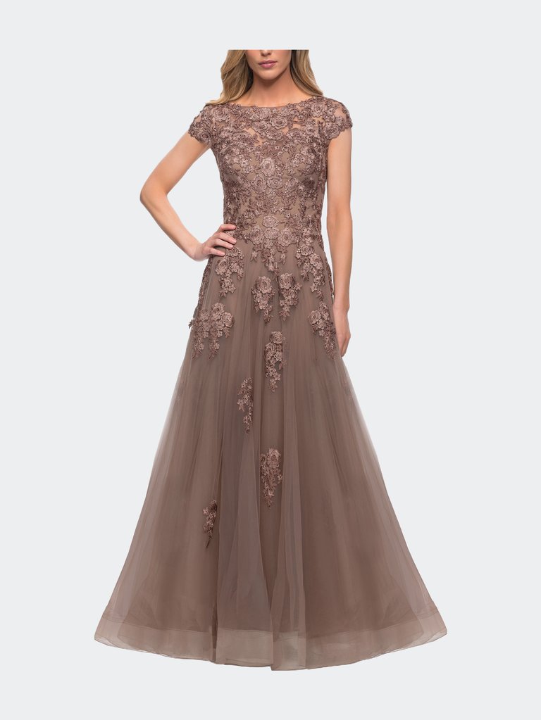 Long Tulle Gown with Intricate Lace Detailing - Cocoa