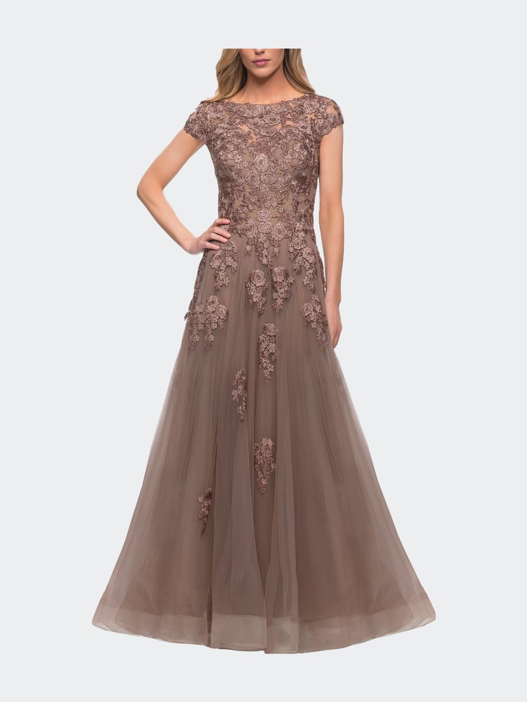 Long Tulle Gown with Intricate Lace Detailing - Cocoa