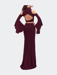 Long Two Piece Dress With Cold Shoulders And Bell Sleeves