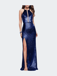 Long Velvet Prom Dress With Leg Slit And Open Back - Navy