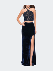 Long Velvet Two Piece Prom Dress with Printed Bodice - Navy