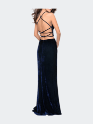 Long Velvet Two Piece Prom Dress with Printed Bodice