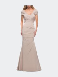 Lovely Ruched Mermaid Satin Gown with Unique Neckline - Nude