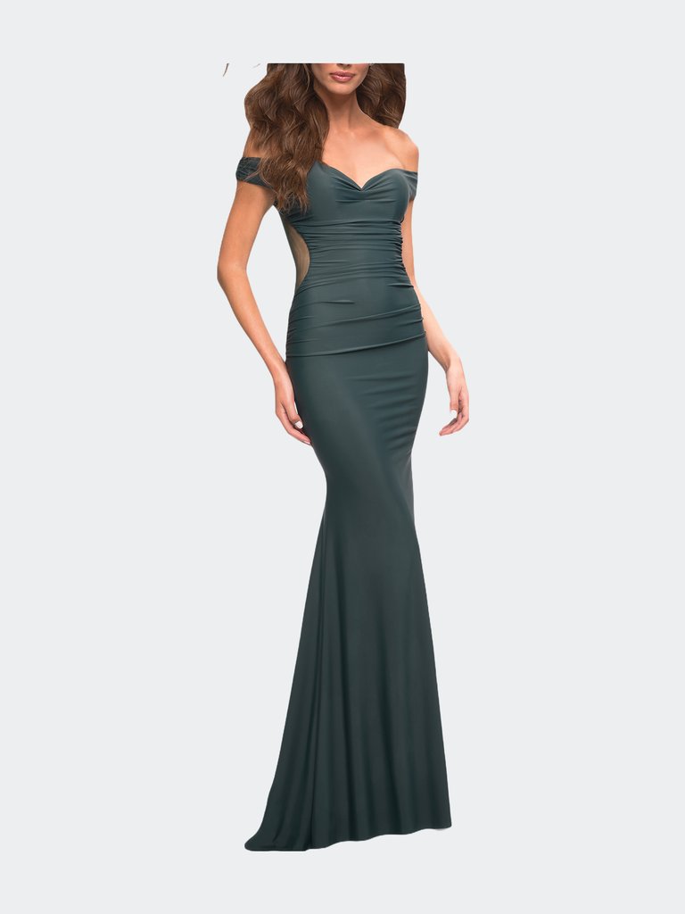 Luxe Off the Shoulder Gown with Mesh Side and Back Panels