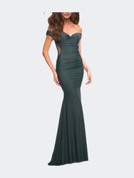 Luxe Off the Shoulder Gown with Mesh Side and Back Panels