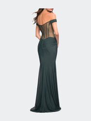 Luxe Off the Shoulder Gown with Mesh Side and Back Panels