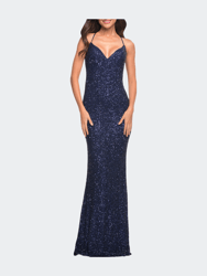 Luxurious Soft Sequin Dress With V Neckline - Navy