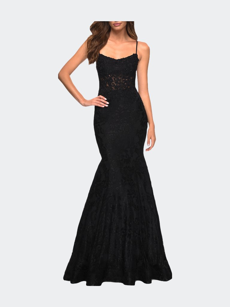 Mermaid Lace Gown with Sheer Bodice and Open Back - Black