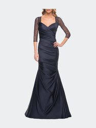 Mermaid Satin Pleated Gown with Illusion Beaded Sleeves - Navy